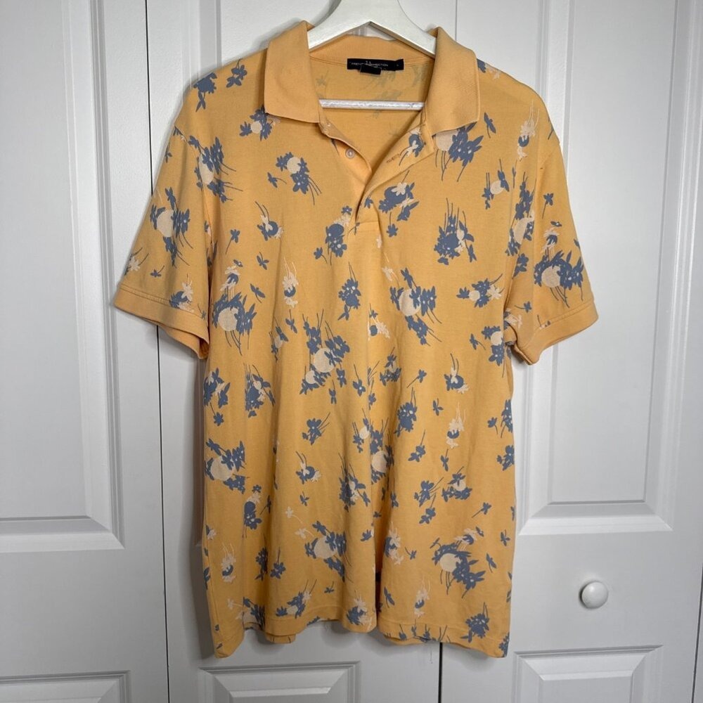 French Connection Yellow Blue Flowery Mens Polo Shirt Size L‎ 100% Cotton